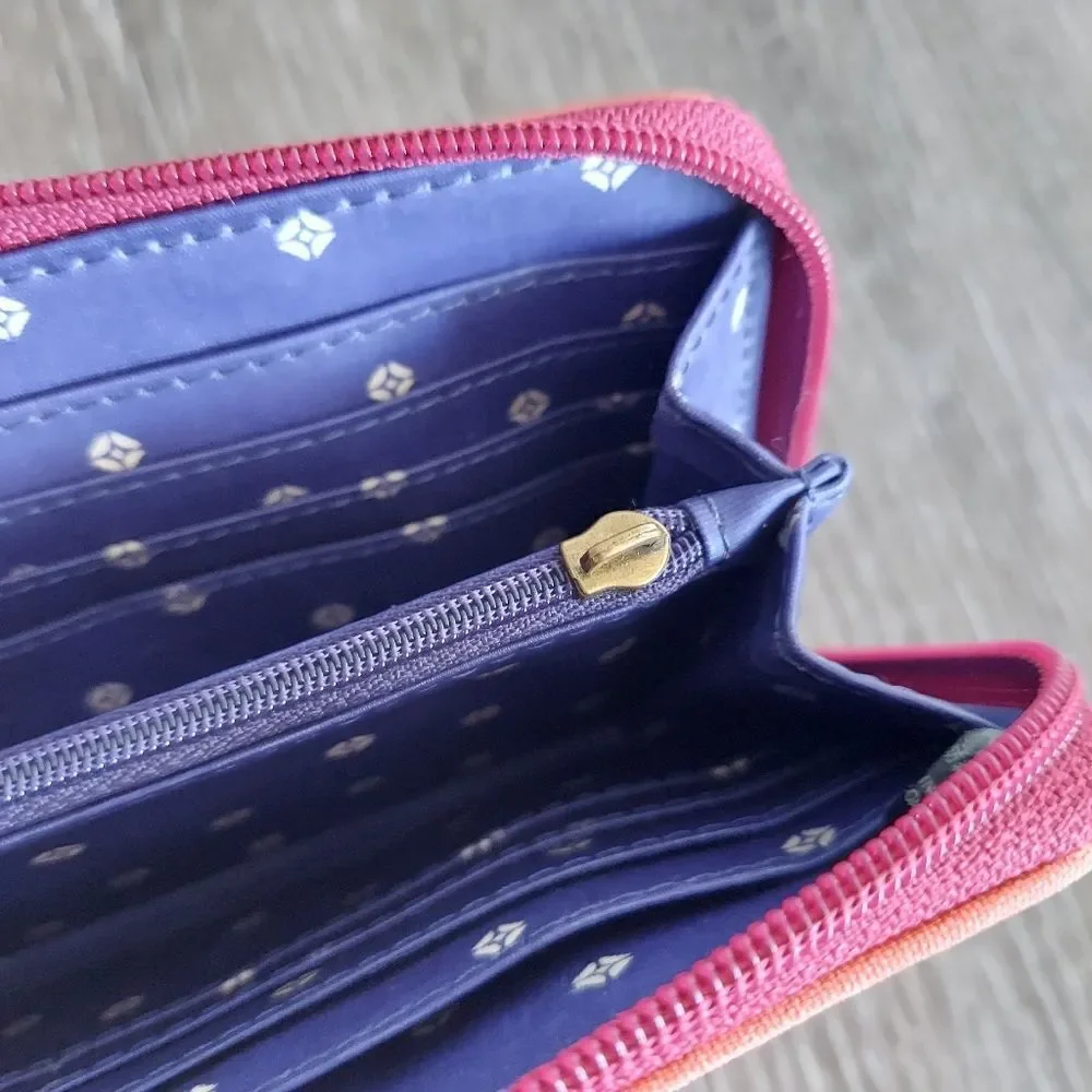 Fossil Magenta Coated Canvas Leather Trim Zip Around Credit Card Wallet